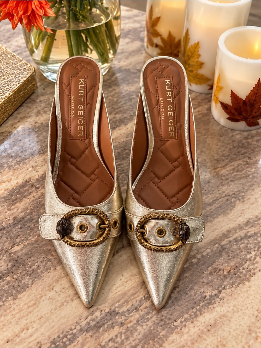 ✨ Kurt Geiger London Metallic Pointed-Toe Mules ✨